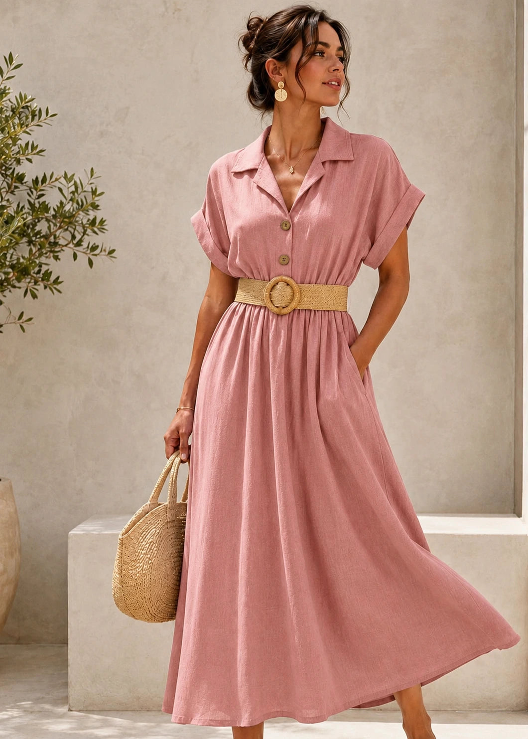Robe Longue Effet Lin ALYRA - Rose