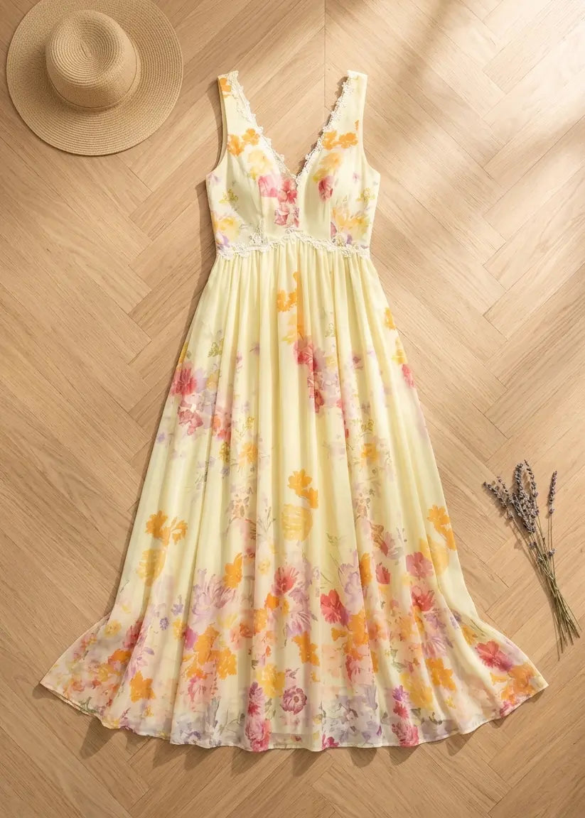 Lace Floral Print Chiffon Dress — Romantic Elegance