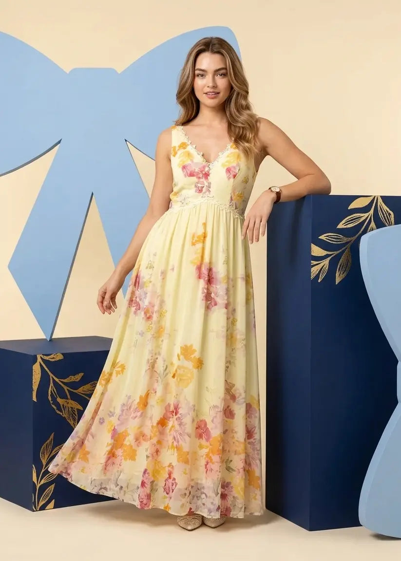 Lace Floral Print Chiffon Dress — Romantic Elegance