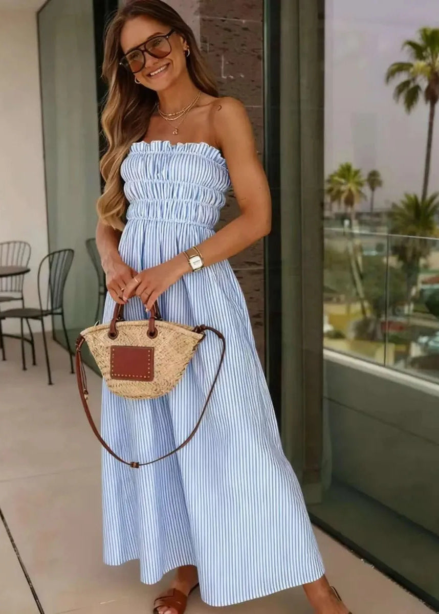 ESTEE Robe à Rayures en Coton avec 2 Poches - Bleu Clair