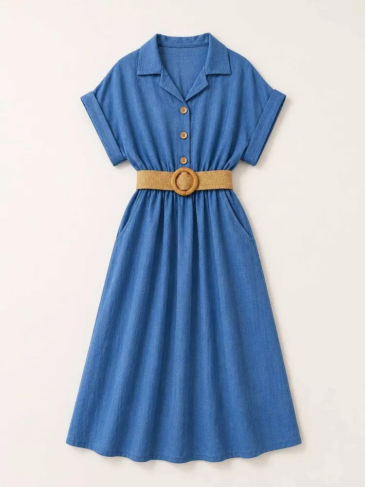 Robe Longue Effet Lin ALYRA - Jeans - Vue 3